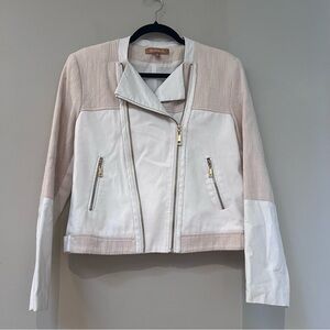 Ellen Tracy Off White Asymmetrical Zip Faux Leather Tweed Crop Jacket